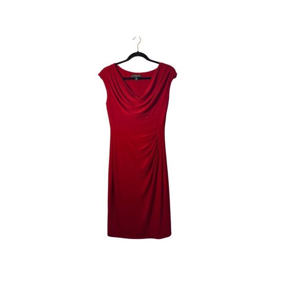 Lauren Ralph Lauren Woman’s Red Cocktail Stretch Cap Sleeve Ruched Dress Size 8 - Picture 1 of 5